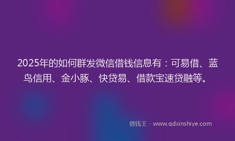 2025年的如何群发微信借钱信息有：可易借、蓝鸟信用、金小豚、快贷易、借款宝速贷融等。