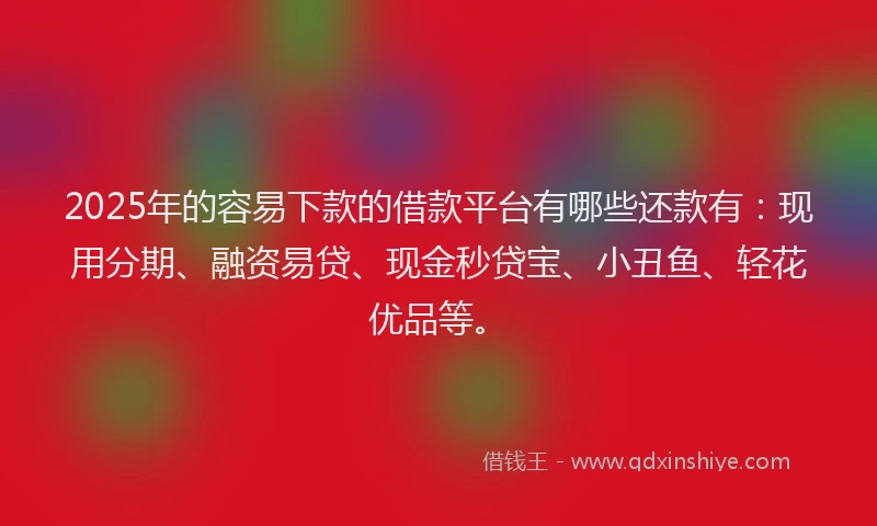 2025年的容易下款的借款平台有哪些还款有：现用分期、融资易贷、现金秒贷宝、小丑鱼、轻花优品等。