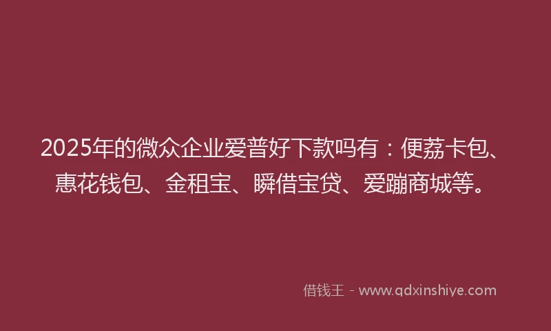 2025年的微众企业爱普好下款吗有：便荔卡包、惠花钱包、金租宝、瞬借宝贷、爱蹦商城等。
