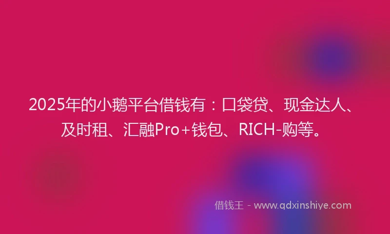 2025年的小鹅平台借钱有：口袋贷、现金达人、及时租、汇融Pro+钱包、RICH-购等。