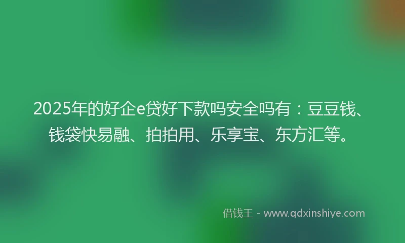 2025年的好企e贷好下款吗安全吗有:豆豆钱、钱袋快易融、拍拍用、乐享宝、东方汇等。