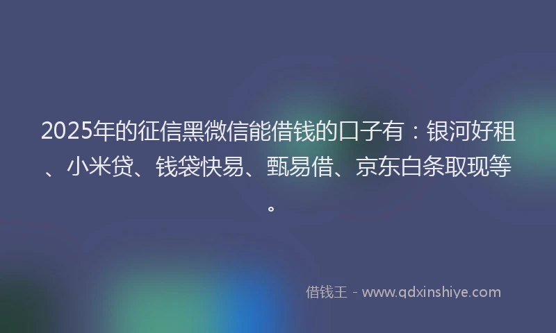 2025年的征信黑微信能借钱的口子有：银河好租、小米贷、钱袋快易、甄易借、京东白条取现等。