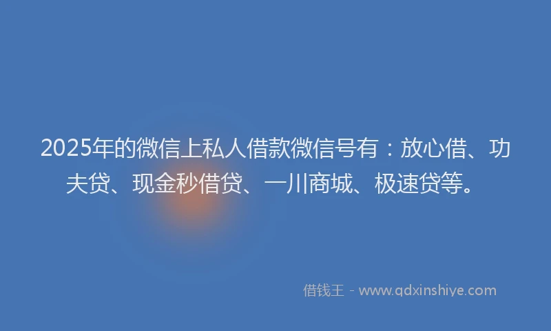 2025年的微信上私人借款微信号有：放心借、功夫贷、现金秒借贷、一川商城、极速贷等。