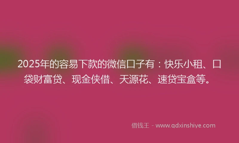 2025年的容易下款的微信口子有：快乐小租、口袋财富贷、现金侠借、天源花、速贷宝盒等。