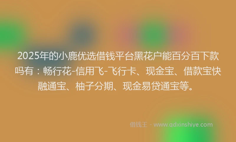 2025年的小鹿优选借钱平台黑花户能百分百下款吗有：畅行花-信用飞-飞行卡、现金宝、借款宝快融通宝、柚子分期、现金易贷通宝等。