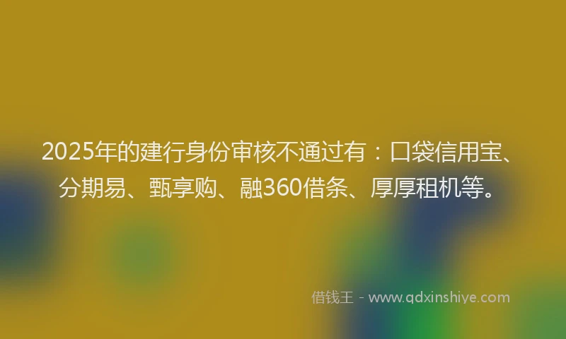2025年的建行身份审核不通过有：口袋信用宝、分期易、甄享购、融360借条、厚厚租机等。