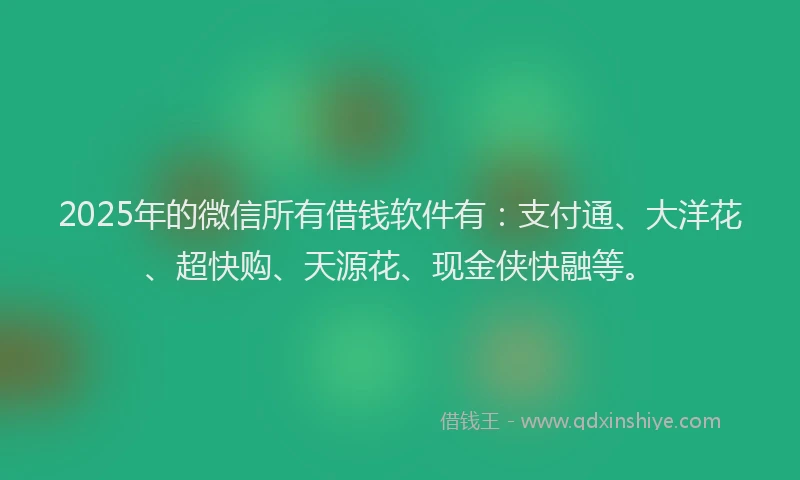 2025年的微信所有借钱软件有：支付通、大洋花、超快购、天源花、现金侠快融等。