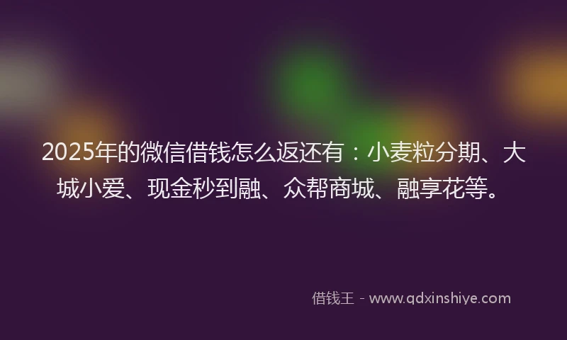 2025年的微信借钱怎么返还有：小麦粒分期、大城小爱、现金秒到融、众帮商城、融享花等。