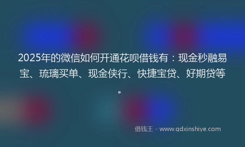 2025年的微信如何开通花呗借钱有：现金秒融易宝、琉璃买单、现金侠行、快捷宝贷、好期贷等。