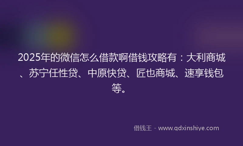 2025年的微信怎么借款啊借钱攻略有：大利商城、苏宁任性贷、中原快贷、匠也商城、速享钱包等。