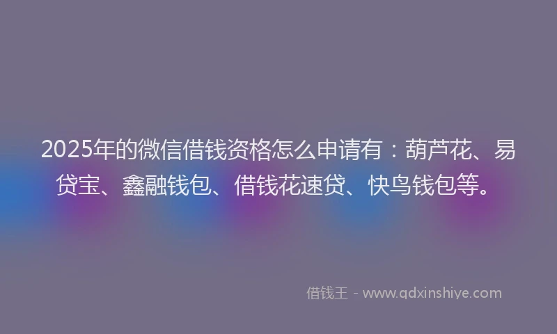 2025年的微信借钱资格怎么申请有：葫芦花、易贷宝、鑫融钱包、借钱花速贷、快鸟钱包等。