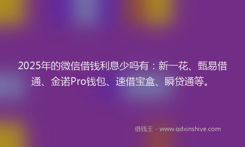 2025年的微信借钱利息少吗有：新一花、甄易借通、金诺Pro钱包、速借宝盒、瞬贷通等。