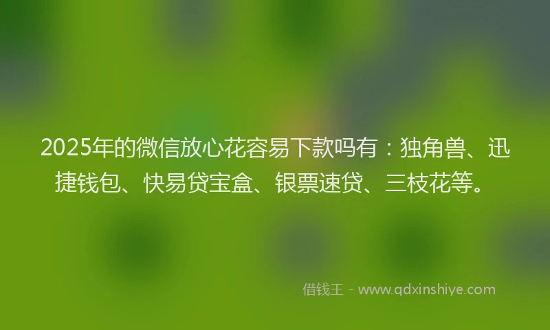 2025年的微信放心花容易下款吗有：独角兽、迅捷钱包、快易贷宝盒、银票速贷、三枝花等。