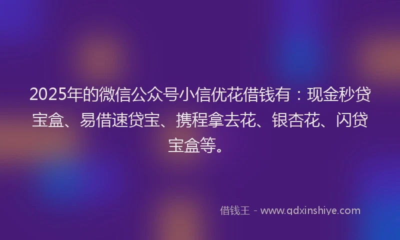 2025年的微信公众号小信优花借钱有：现金秒贷宝盒、易借速贷宝、携程拿去花、银杏花、闪贷宝盒等。