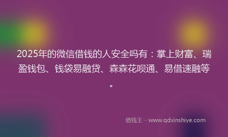 2025年的微信借钱的人安全吗有：掌上财富、瑞盈钱包、钱袋易融贷、森森花呗通、易借速融等。