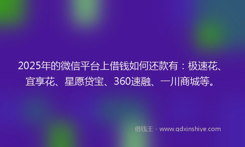 2025年的微信平台上借钱如何还款有：极速花、宜享花、星愿贷宝、360速融、一川商城等。