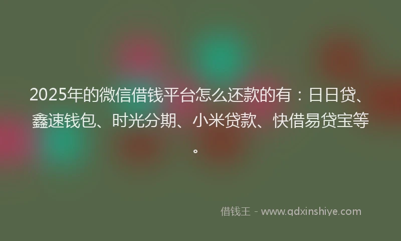 2025年的微信借钱平台怎么还款的有:日日贷、鑫速钱包、时光分期、小米贷款、快借易贷宝等。