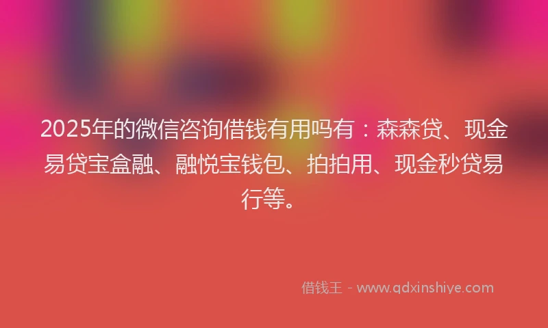 2025年的微信咨询借钱有用吗有：森森贷、现金易贷宝盒融、融悦宝钱包、拍拍用、现金秒贷易行等。