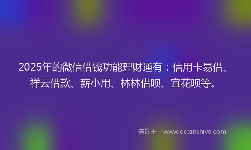2025年的微信借钱功能理财通有:信用卡易借、祥云借款、薪小用、林林借呗、宜花呗等。