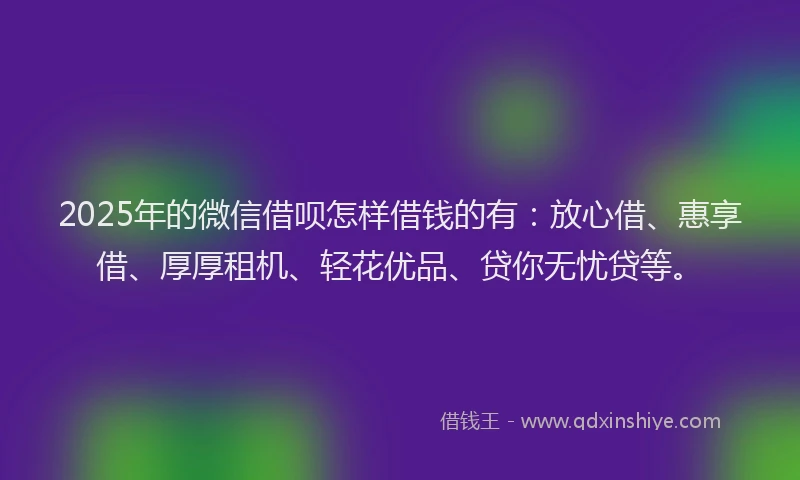 2025年的微信借呗怎样借钱的有：放心借、惠享借、厚厚租机、轻花优品、贷你无忧贷等。