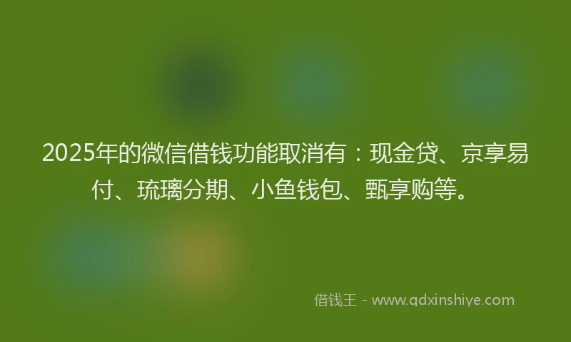 2025年的微信借钱功能取消有：现金贷、京享易付、琉璃分期、小鱼钱包、甄享购等。