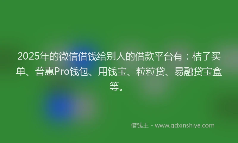 2025年的微信借钱给别人的借款平台有：桔子买单、普惠Pro钱包、用钱宝、粒粒贷、易融贷宝盒等。