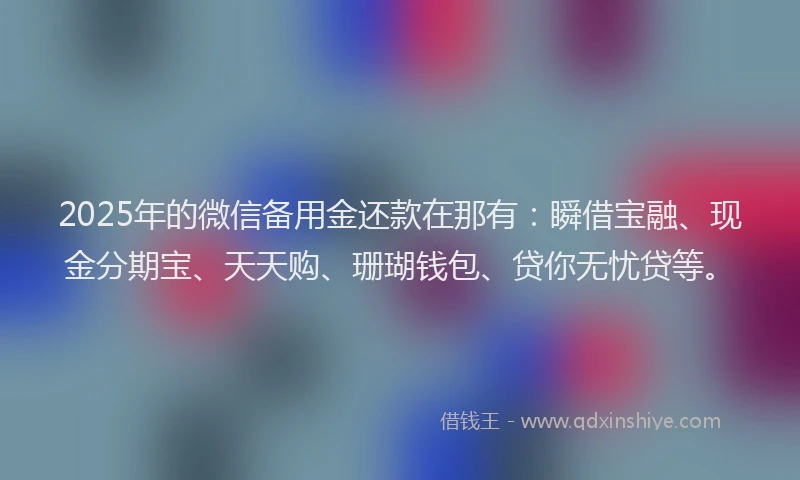 2025年的微信备用金还款在那有：瞬借宝融、现金分期宝、天天购、珊瑚钱包、贷你无忧贷等。