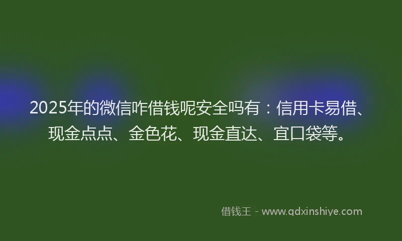 2025年的微信咋借钱呢安全吗有：信用卡易借、现金点点、金色花、现金直达、宜口袋等。