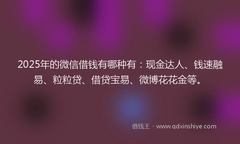 2025年的微信借钱有哪种有：现金达人、钱速融易、粒粒贷、借贷宝易、微博花花金等。