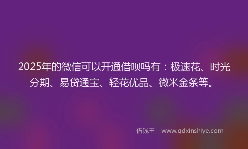 2025年的微信可以开通借呗吗有：极速花、时光分期、易贷通宝、轻花优品、微米金条等。