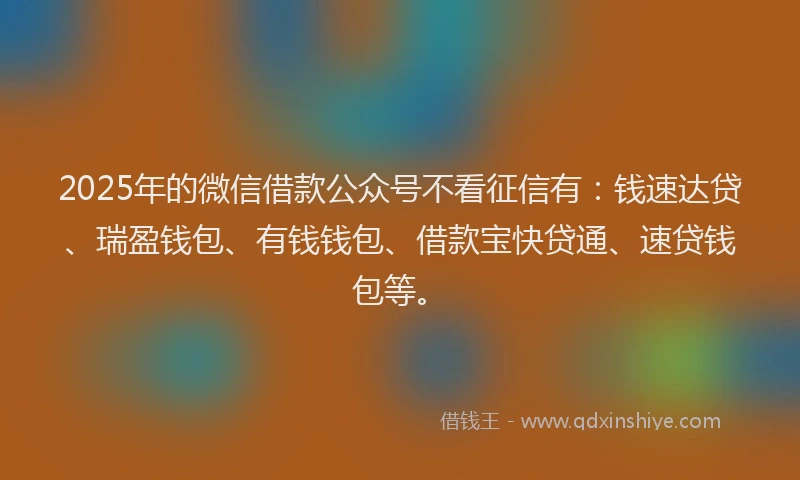 2025年的微信借款公众号不看征信有：钱速达贷、瑞盈钱包、有钱钱包、借款宝快贷通、速贷钱包等。