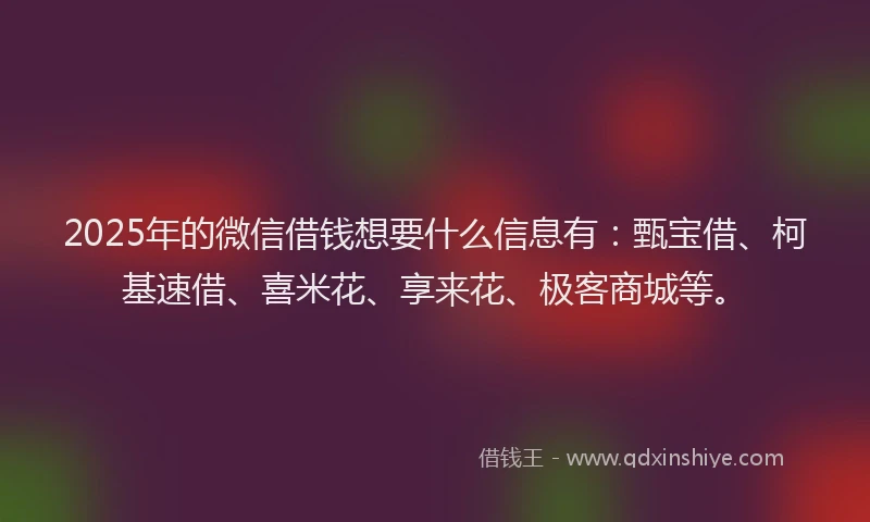 2025年的微信借钱想要什么信息有：甄宝借、柯基速借、喜米花、享来花、极客商城等。