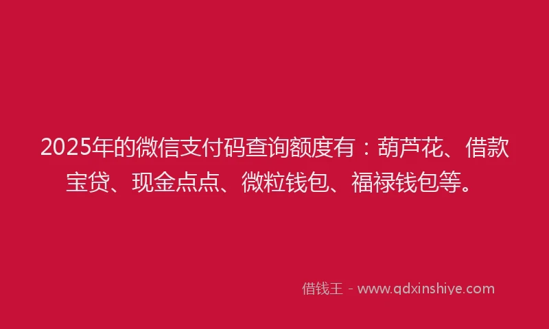 2025年的微信支付码查询额度有：葫芦花、借款宝贷、现金点点、微粒钱包、福禄钱包等。