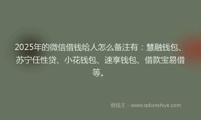 2025年的微信借钱给人怎么备注有：慧融钱包、苏宁任性贷、小花钱包、速享钱包、借款宝易借等。