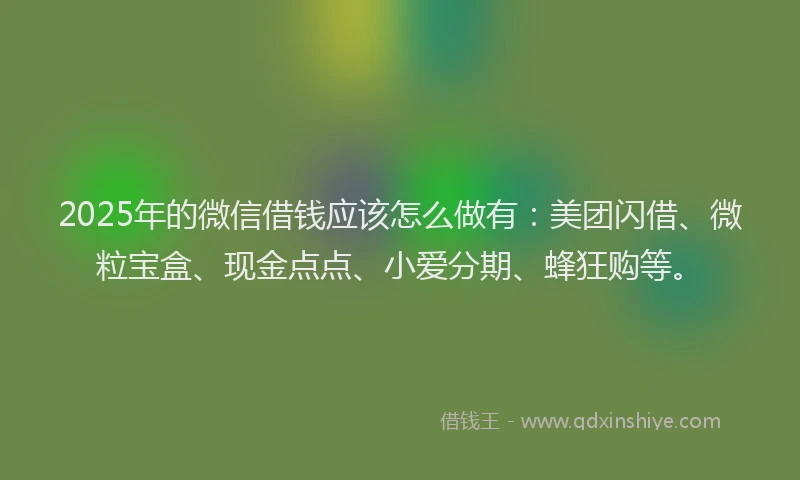 2025年的微信借钱应该怎么做有：美团闪借、微粒宝盒、现金点点、小爱分期、蜂狂购等。
