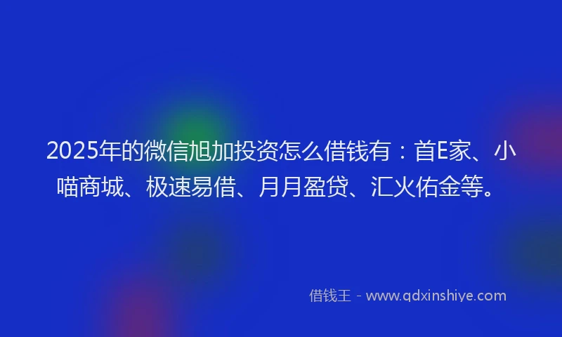 2025年的微信旭加投资怎么借钱有：首E家、小喵商城、极速易借、月月盈贷、汇火佑金等。