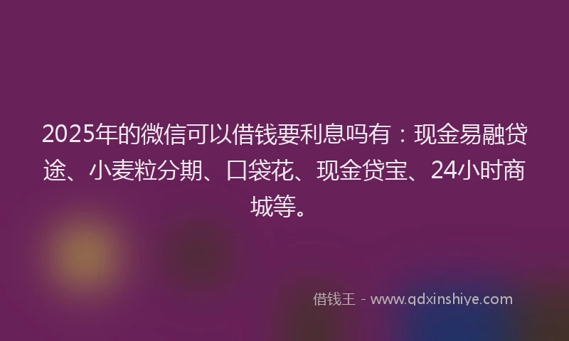2025年的微信可以借钱要利息吗有：现金易融贷途、小麦粒分期、口袋花、现金贷宝、24小时商城等。
