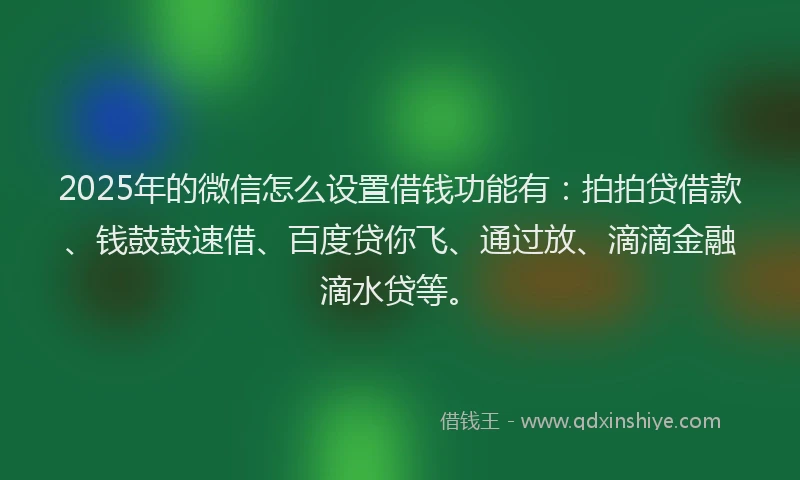 2025年的微信怎么设置借钱功能有：拍拍贷借款、钱鼓鼓速借、百度贷你飞、通过放、滴滴金融滴水贷等。