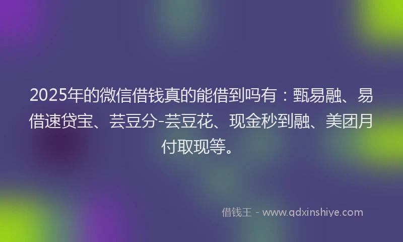 2025年的微信借钱真的能借到吗有：甄易融、易借速贷宝、芸豆分-芸豆花、现金秒到融、美团月付取现等。