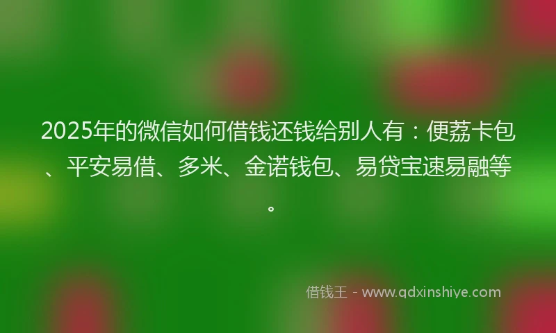 2025年的微信如何借钱还钱给别人有：便荔卡包、平安易借、多米、金诺钱包、易贷宝速易融等。