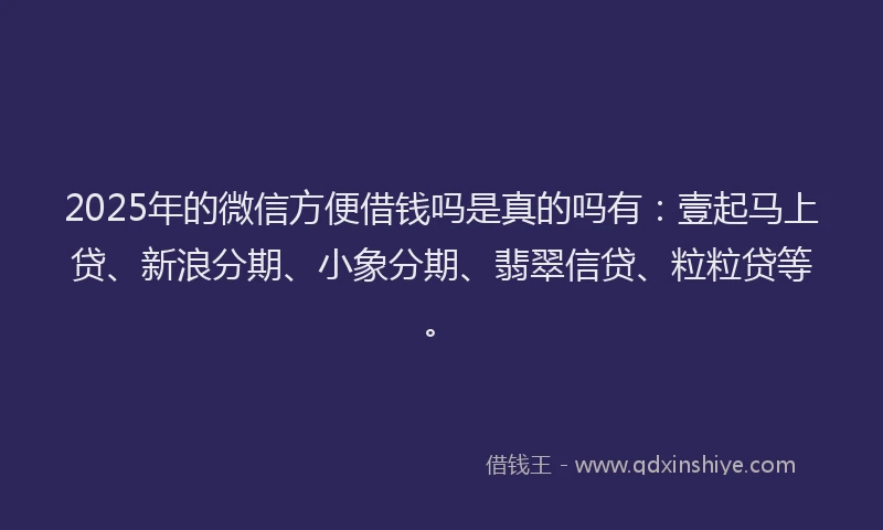 2025年的微信方便借钱吗是真的吗有：壹起马上贷、新浪分期、小象分期、翡翠信贷、粒粒贷等。