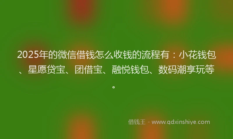 2025年的微信借钱怎么收钱的流程有：小花钱包、星愿贷宝、团借宝、融悦钱包、数码潮享玩等。