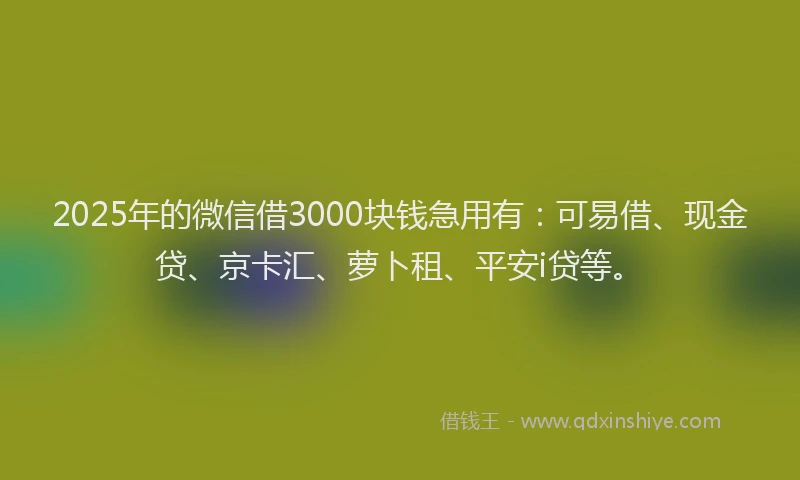 2025年的微信借3000块钱急用有：可易借、现金贷、京卡汇、萝卜租、平安i贷等。