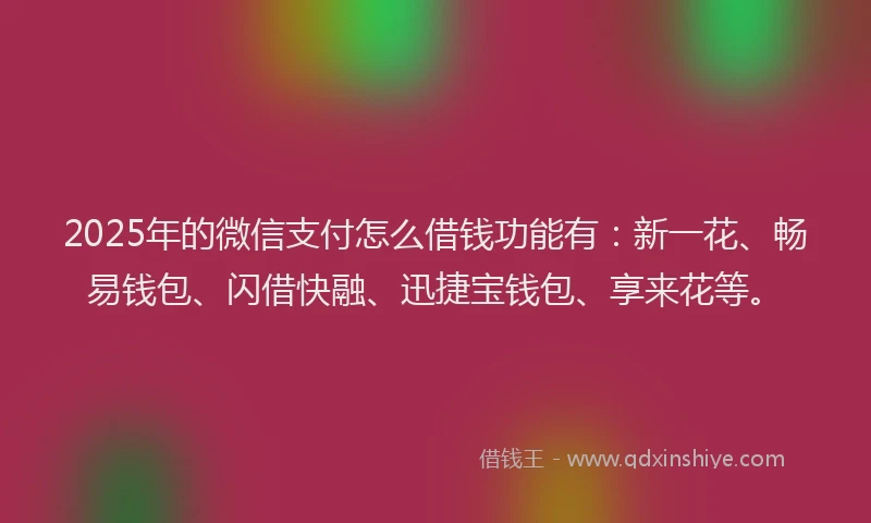 2025年的微信支付怎么借钱功能有：新一花、畅易钱包、闪借快融、迅捷宝钱包、享来花等。