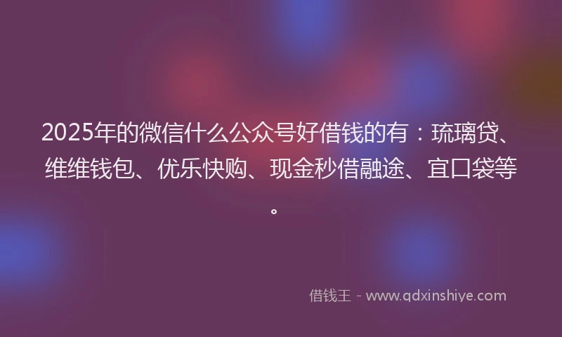 2025年的微信什么公众号好借钱的有：琉璃贷、维维钱包、优乐快购、现金秒借融途、宜口袋等。