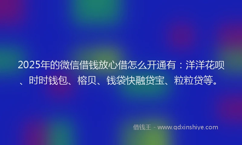 2025年的微信借钱放心借怎么开通有：洋洋花呗、时时钱包、榕贝、钱袋快融贷宝、粒粒贷等。
