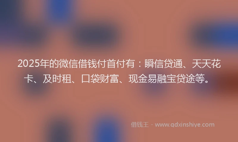 2025年的微信借钱付首付有：瞬信贷通、天天花卡、及时租、口袋财富、现金易融宝贷途等。