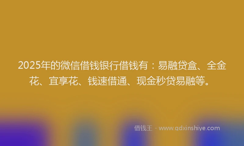 2025年的微信借钱银行借钱有：易融贷盒、全金花、宜享花、钱速借通、现金秒贷易融等。