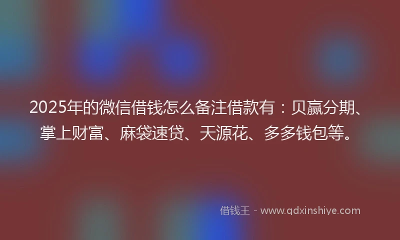 2025年的微信借钱怎么备注借款有：贝赢分期、掌上财富、麻袋速贷、天源花、多多钱包等。