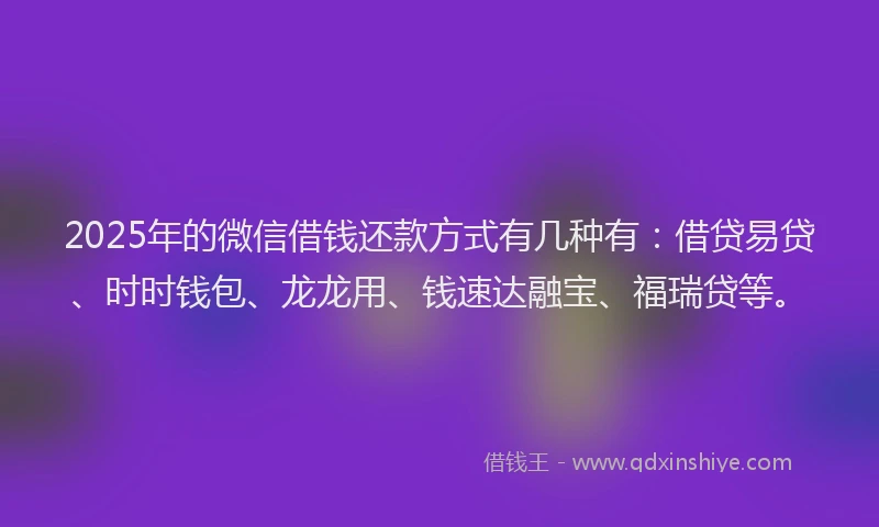 2025年的微信借钱还款方式有几种有：借贷易贷、时时钱包、龙龙用、钱速达融宝、福瑞贷等。